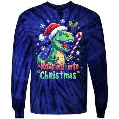 Roaring Into Christmas Funny Dinosaur Xmas Trex Tie-Dye Long Sleeve Shirt