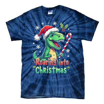 Roaring Into Christmas Funny Dinosaur Xmas Trex Tie-Dye T-Shirt