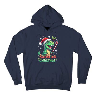 Roaring Into Christmas Funny Dinosaur Xmas Trex Tall Hoodie