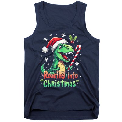 Roaring Into Christmas Funny Dinosaur Xmas Trex Tank Top