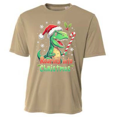 Roaring Into Christmas Funny Dinosaur Xmas Trex Cooling Performance Crew T-Shirt