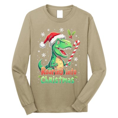 Roaring Into Christmas Funny Dinosaur Xmas Trex Long Sleeve Shirt