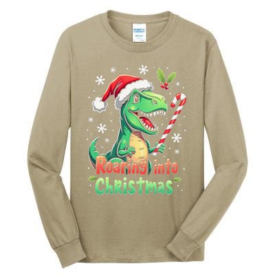 Roaring Into Christmas Funny Dinosaur Xmas Trex Tall Long Sleeve T-Shirt