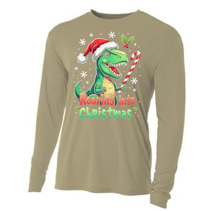 Roaring Into Christmas Funny Dinosaur Xmas Trex Cooling Performance Long Sleeve Crew