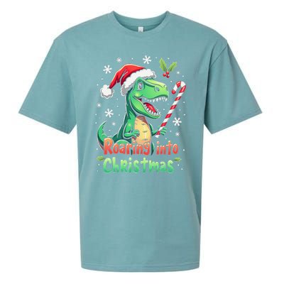 Roaring Into Christmas Funny Dinosaur Xmas Trex Sueded Cloud Jersey T-Shirt