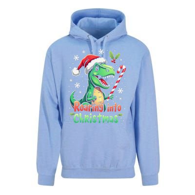 Roaring Into Christmas Funny Dinosaur Xmas Trex Unisex Surf Hoodie