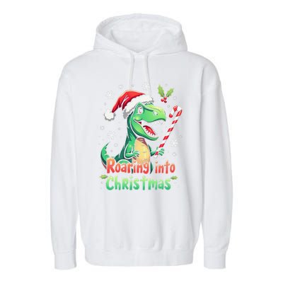 Roaring Into Christmas Funny Dinosaur Xmas Trex Garment-Dyed Fleece Hoodie