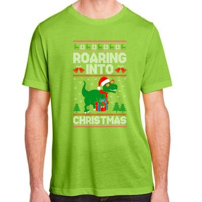 Roaring Into Christmas Dinosaur Ugly Christmas Trex Dino Meaningful Gift Adult ChromaSoft Performance T-Shirt