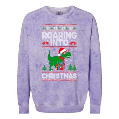 Roaring Into Christmas Dinosaur Ugly Christmas Trex Dino Meaningful Gift Colorblast Crewneck Sweatshirt