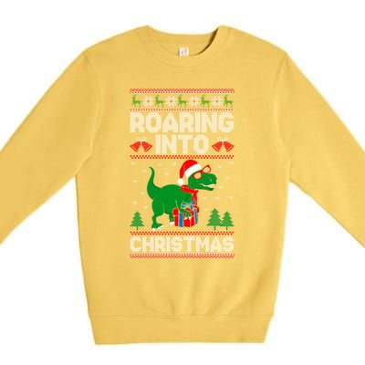 Roaring Into Christmas Dinosaur Ugly Christmas Trex Dino Meaningful Gift Premium Crewneck Sweatshirt