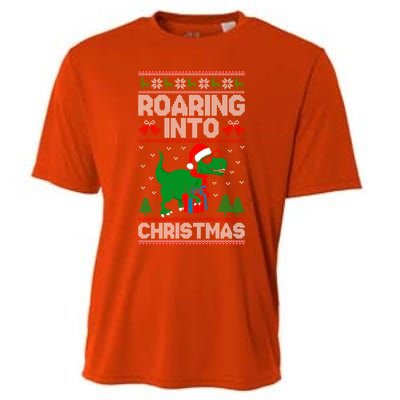 Roaring Into Christmas Dinosaur Ugly Christmas Trex Dino Meaningful Gift Cooling Performance Crew T-Shirt