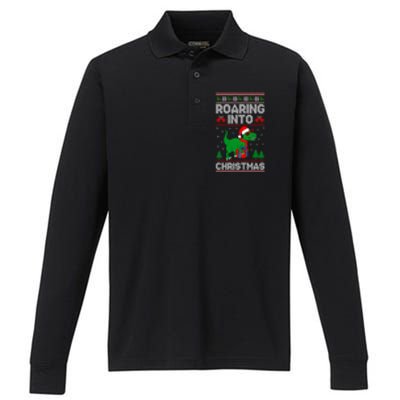 Roaring Into Christmas Dinosaur Ugly Christmas Trex Dino Meaningful Gift Performance Long Sleeve Polo