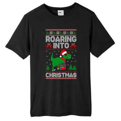 Roaring Into Christmas Dinosaur Ugly Christmas Trex Dino Meaningful Gift Tall Fusion ChromaSoft Performance T-Shirt