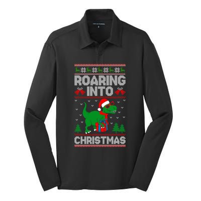 Roaring Into Christmas Dinosaur Ugly Christmas Trex Dino Meaningful Gift Silk Touch Performance Long Sleeve Polo