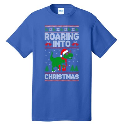 Roaring Into Christmas Dinosaur Ugly Christmas Trex Dino Meaningful Gift Tall T-Shirt