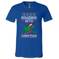 Roaring Into Christmas Dinosaur Ugly Christmas Trex Dino Meaningful Gift V-Neck T-Shirt