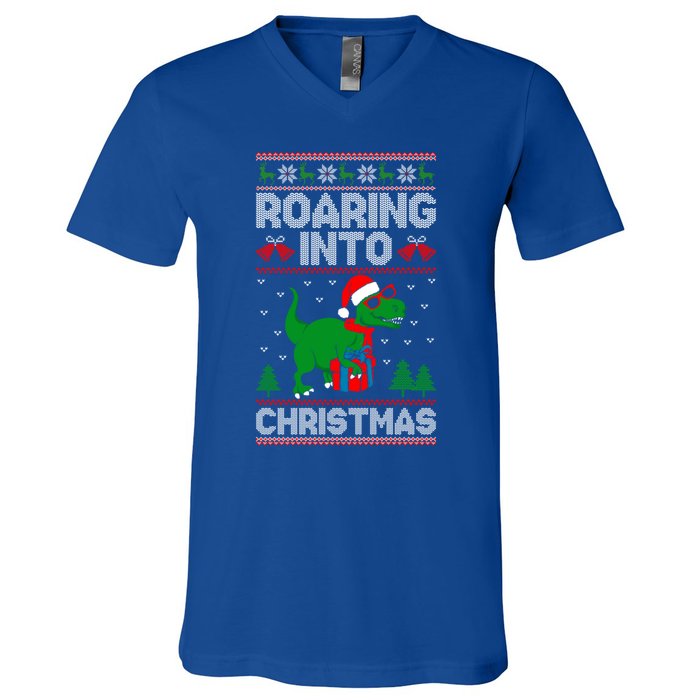 Roaring Into Christmas Dinosaur Ugly Christmas Trex Dino Meaningful Gift V-Neck T-Shirt