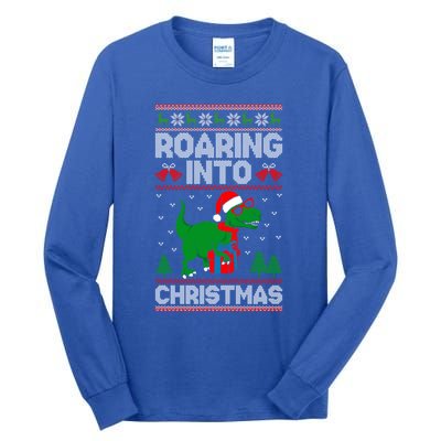 Roaring Into Christmas Dinosaur Ugly Christmas Trex Dino Meaningful Gift Tall Long Sleeve T-Shirt