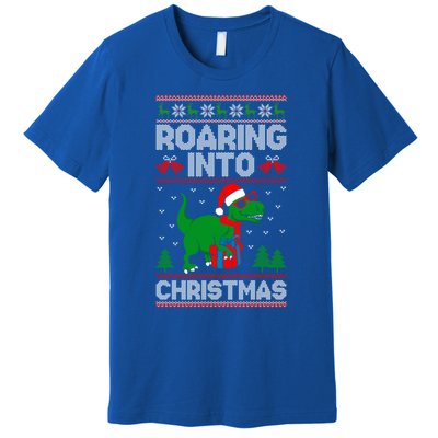 Roaring Into Christmas Dinosaur Ugly Christmas Trex Dino Meaningful Gift Premium T-Shirt