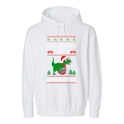 Roaring Into Christmas Dinosaur Ugly Christmas Trex Dino Meaningful Gift Garment-Dyed Fleece Hoodie