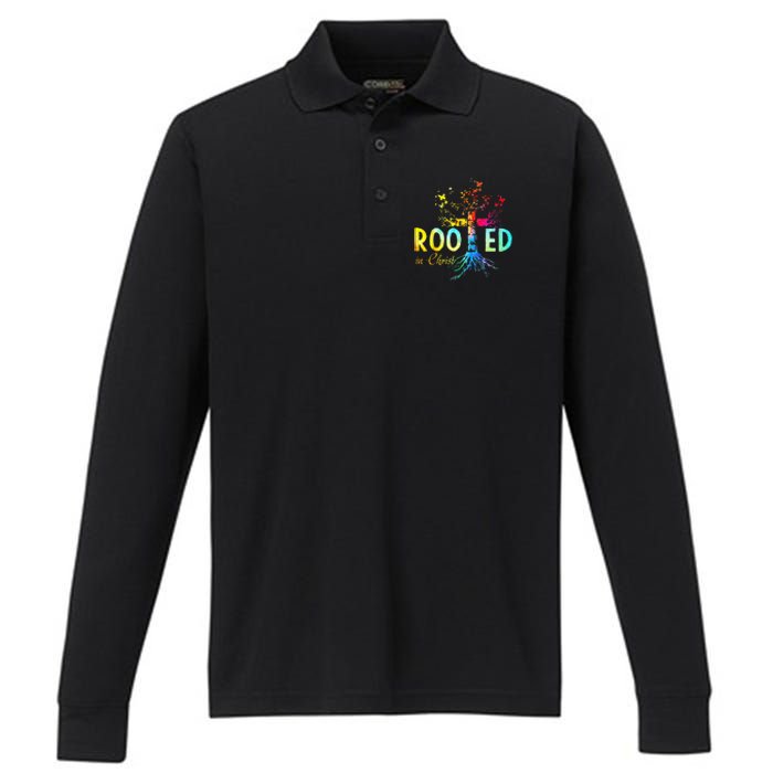 Rooted in Christ Faith Christian Jesus Lovers Performance Long Sleeve Polo