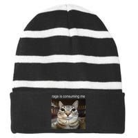 Rage Is Consuming Me Silly Staring Cat Meme Striped Beanie with Solid Band