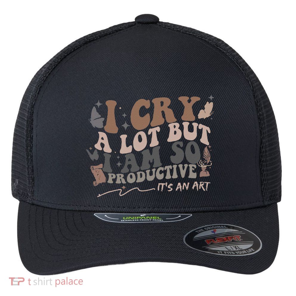 Retro I Cry A Lot But I Am So Productive Funny Trending Meme Flexfit Unipanel Trucker Cap