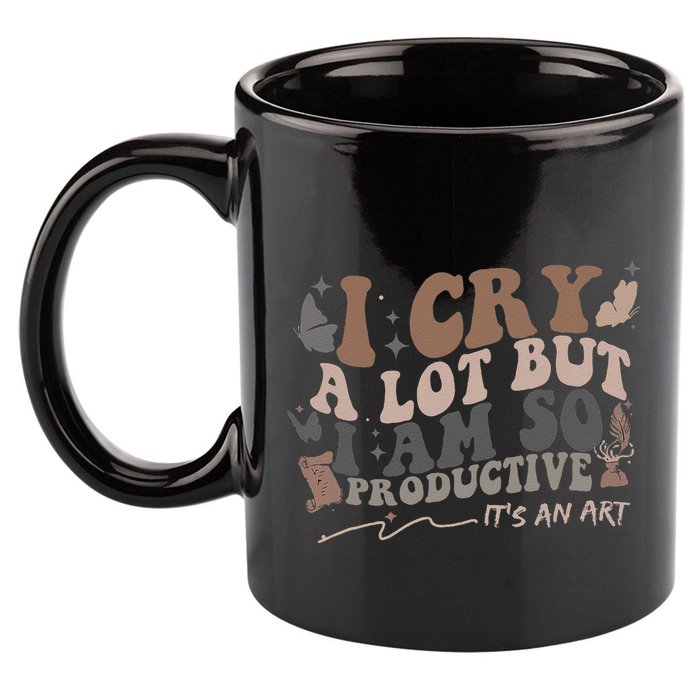 Retro I Cry A Lot But I Am So Productive Funny Trending Meme 11oz C Handle Ceramic Mug