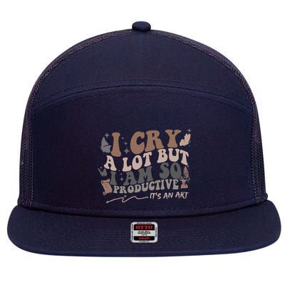 Retro I Cry A Lot But I Am So Productive Funny Trending Meme 7 Panel Mesh Trucker Snapback Hat