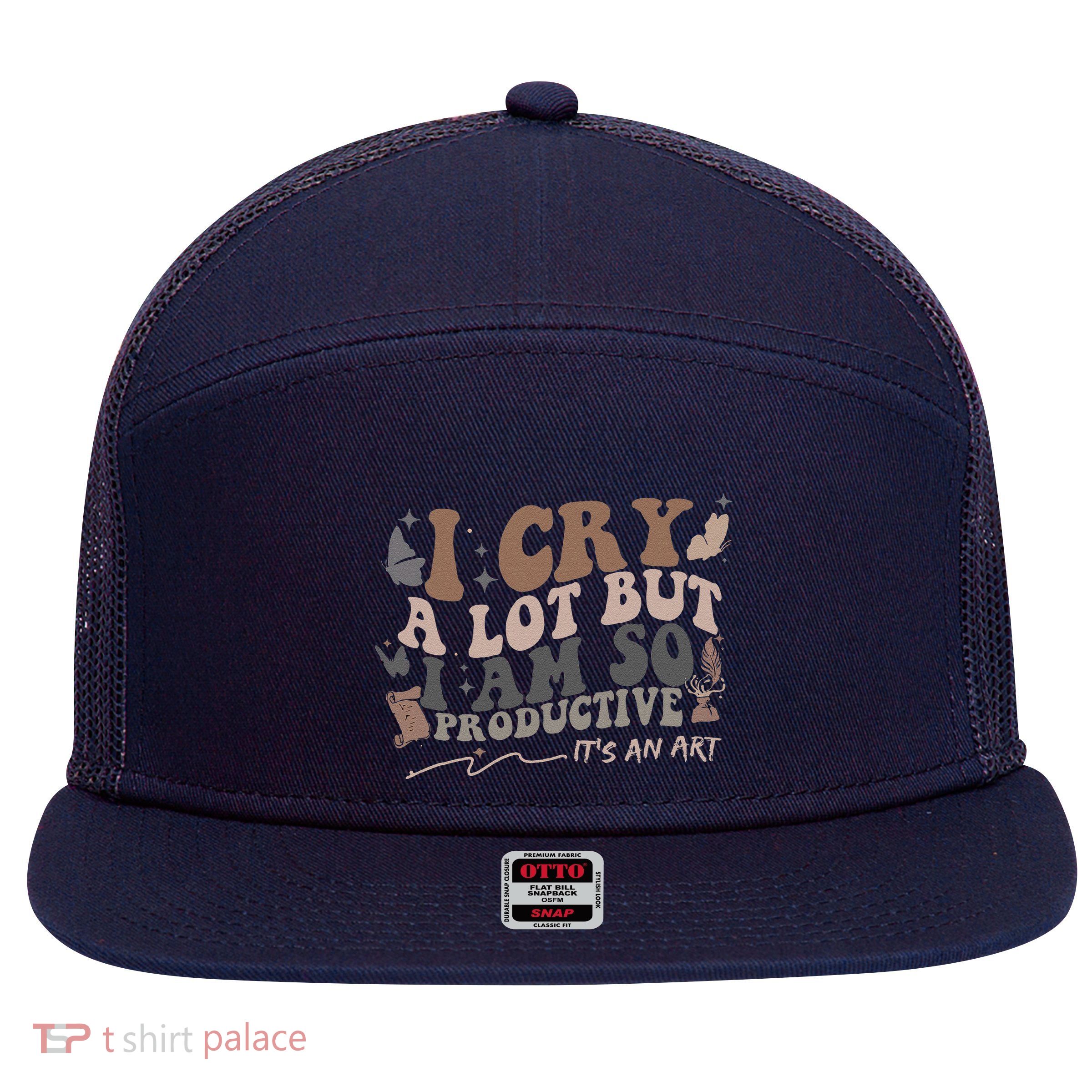 Retro I Cry A Lot But I Am So Productive Funny Trending Meme 7 Panel Mesh Trucker Snapback Hat