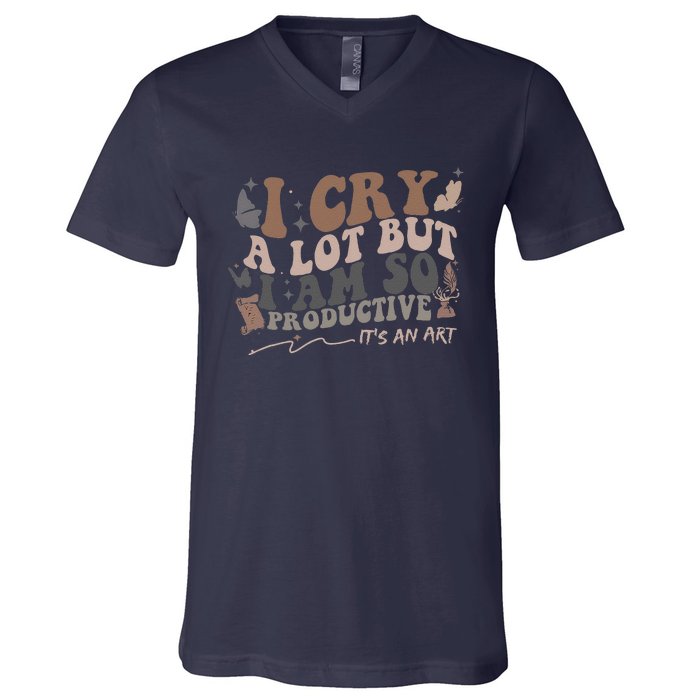 Retro I Cry A Lot But I Am So Productive Funny Trending Meme V-Neck T-Shirt