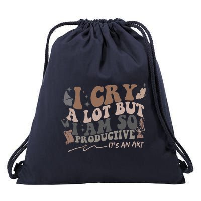 Retro I Cry A Lot But I Am So Productive Funny Trending Meme Drawstring Bag