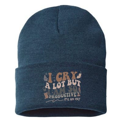 Retro I Cry A Lot But I Am So Productive Funny Trending Meme Sustainable Knit Beanie