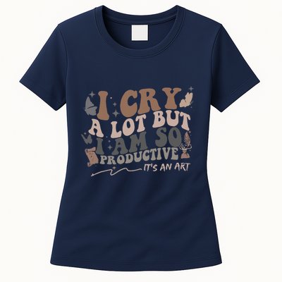 Retro I Cry A Lot But I Am So Productive Funny Trending Meme Womens T-Shirt