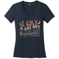 Retro I Cry A Lot But I Am So Productive Funny Trending Meme Women's V-Neck T-Shirt