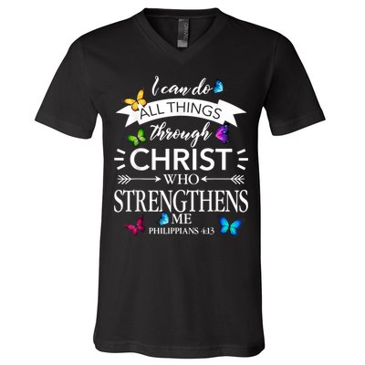 Religious I Can Do All Things Through Christ Butterfly Art V-Neck T-Shirt