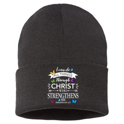 Religious I Can Do All Things Through Christ Butterfly Art Sustainable Knit Beanie