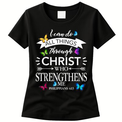 Religious I Can Do All Things Through Christ Butterfly Art Womens T-Shirt
