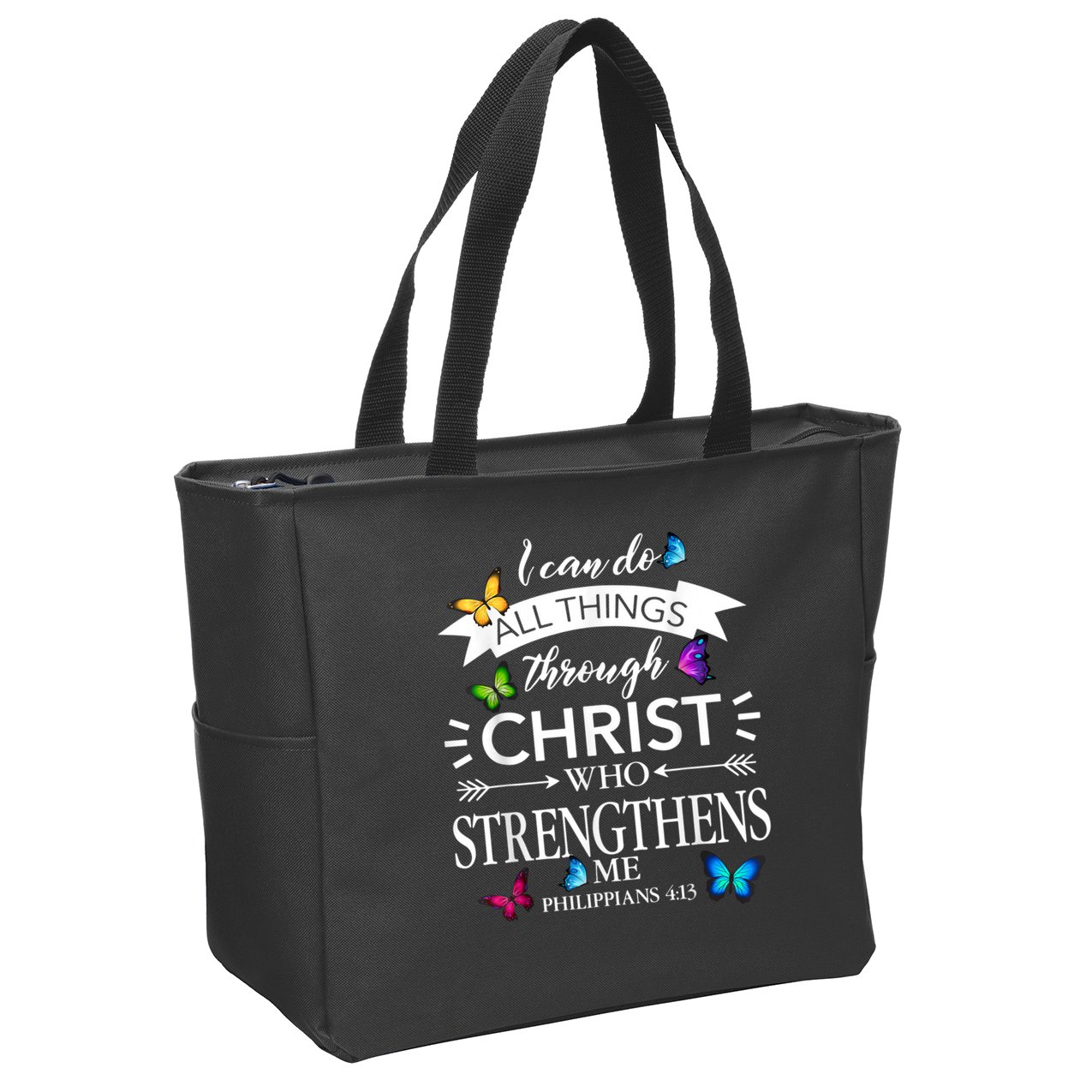 Religious I Can Do All Things Through Christ Butterfly Art Zip Tote Bag
