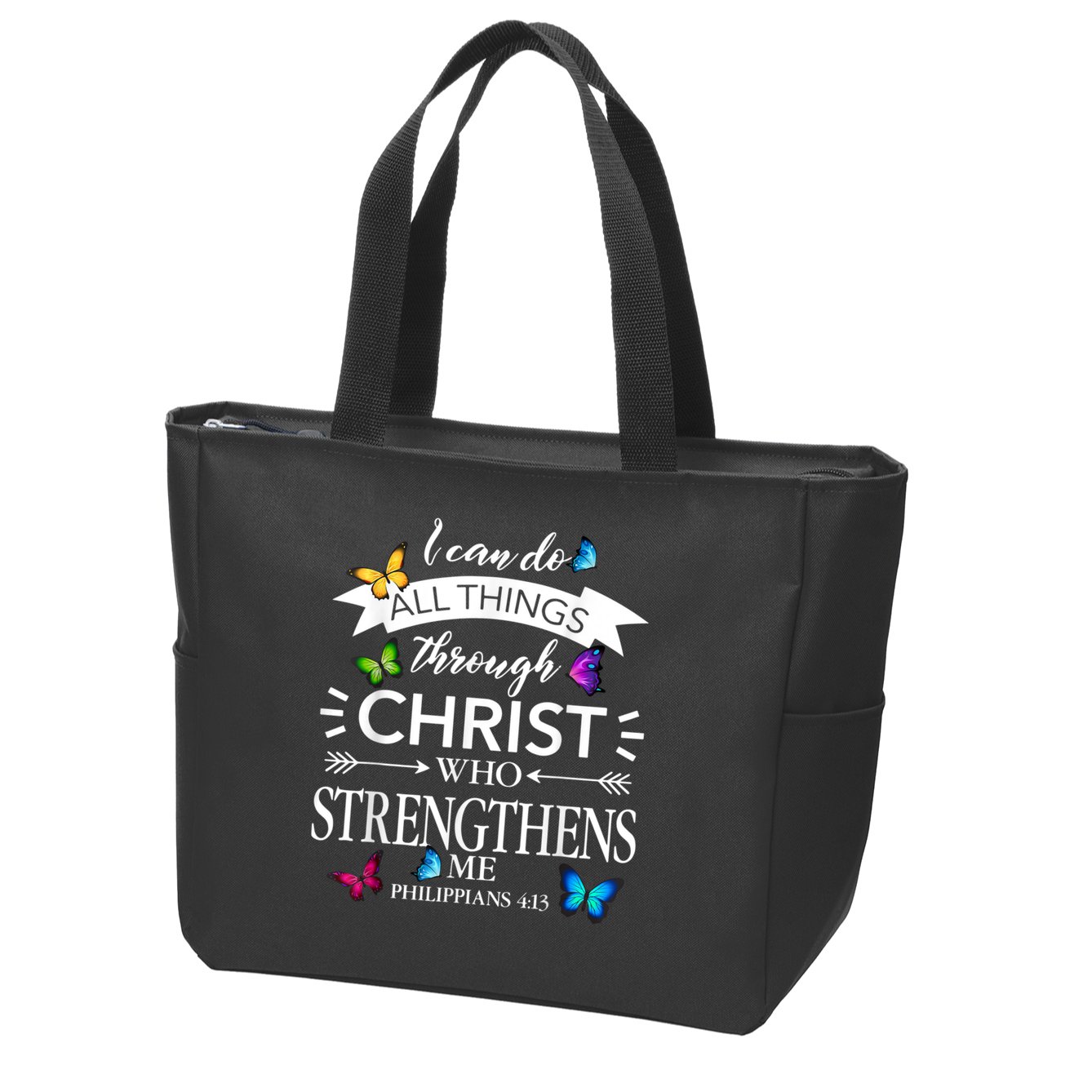 Religious I Can Do All Things Through Christ Butterfly Art Zip Tote Bag