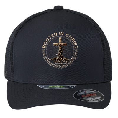 Rooted In Chris, Jesus S, Christian Cross Flexfit Unipanel Trucker Cap