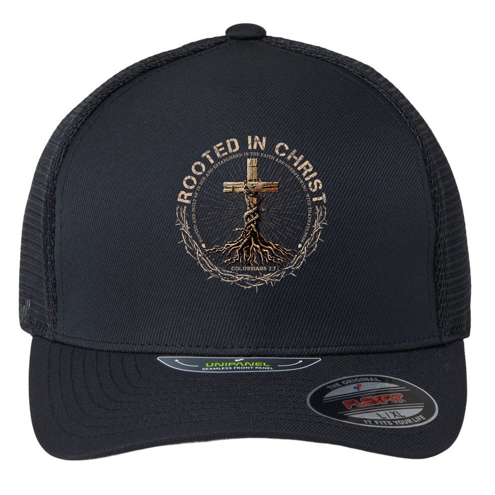 Rooted In Chris, Jesus S, Christian Cross Flexfit Unipanel Trucker Cap