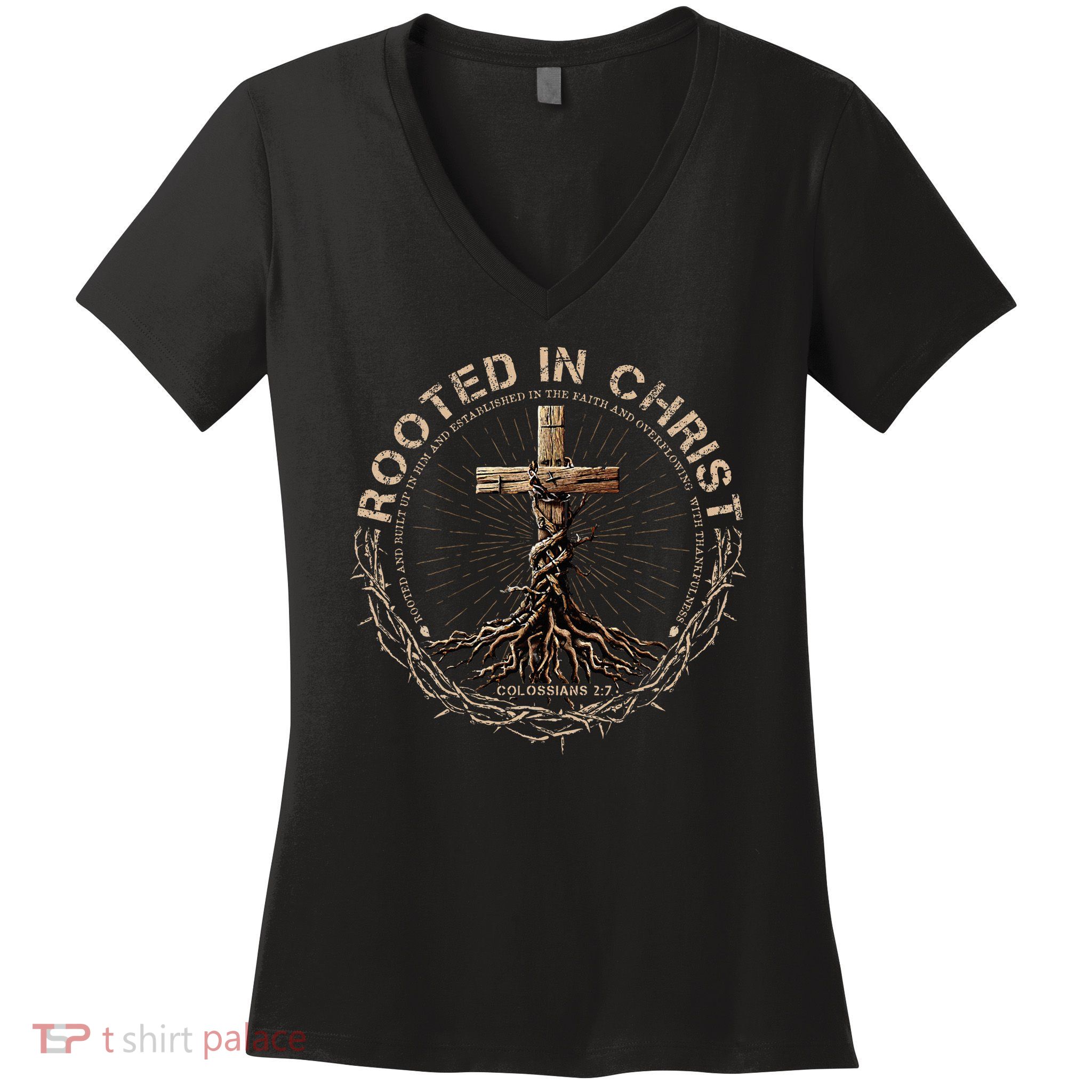 Rooted In Chris, Jesus S, Christian Cross Women's V-Neck T-Shirt