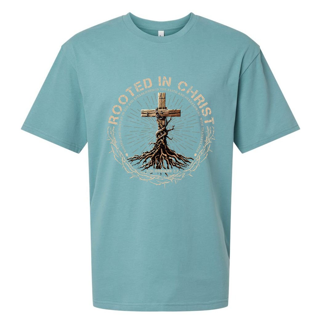 Rooted In Chris, Jesus S, Christian Cross Sueded Cloud Jersey T-Shirt