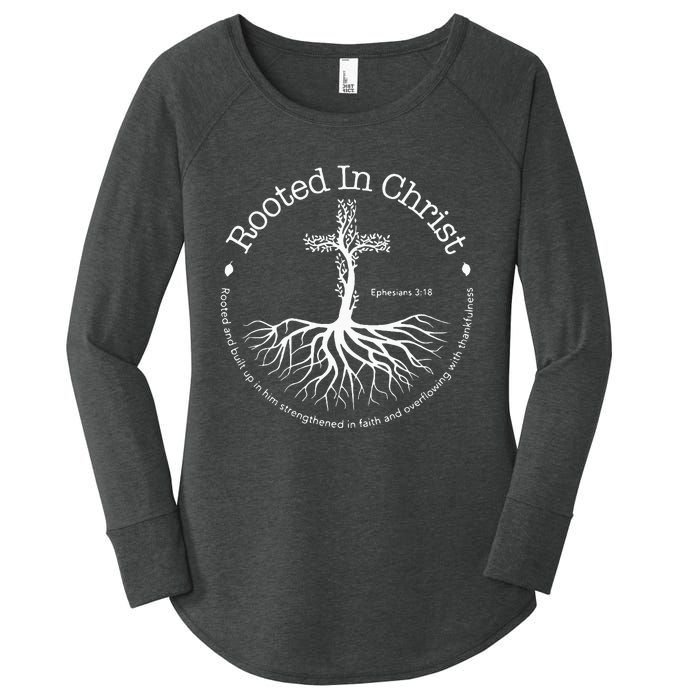 Rooted In Christ Jesus Cross Pray Bible Verse Christian Women's Perfect Tri Tunic Long Sleeve Shirt