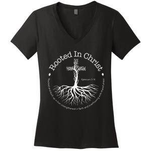 Rooted In Christ Jesus Cross Pray Bible Verse Christian Women's V-Neck T-Shirt