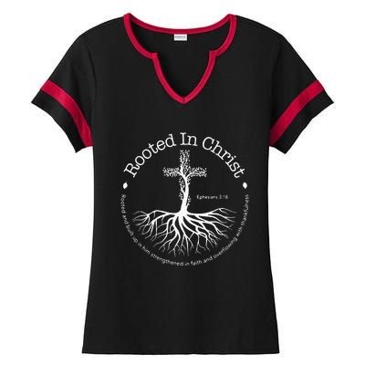 Rooted In Christ Jesus Cross Pray Bible Verse Christian Ladies Halftime Notch Neck Tee