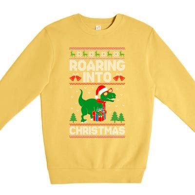 Roaring Into Christmas Dinosaur Ugly Christmas Trex Dino Gift Premium Crewneck Sweatshirt