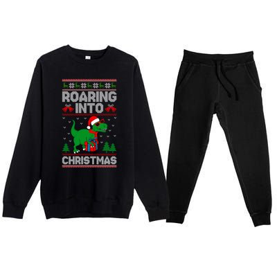 Roaring Into Christmas Dinosaur Ugly Christmas Trex Dino Gift Premium Crewneck Sweatsuit Set