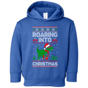 Roaring Into Christmas Dinosaur Ugly Christmas Trex Dino Gift Toddler Hoodie